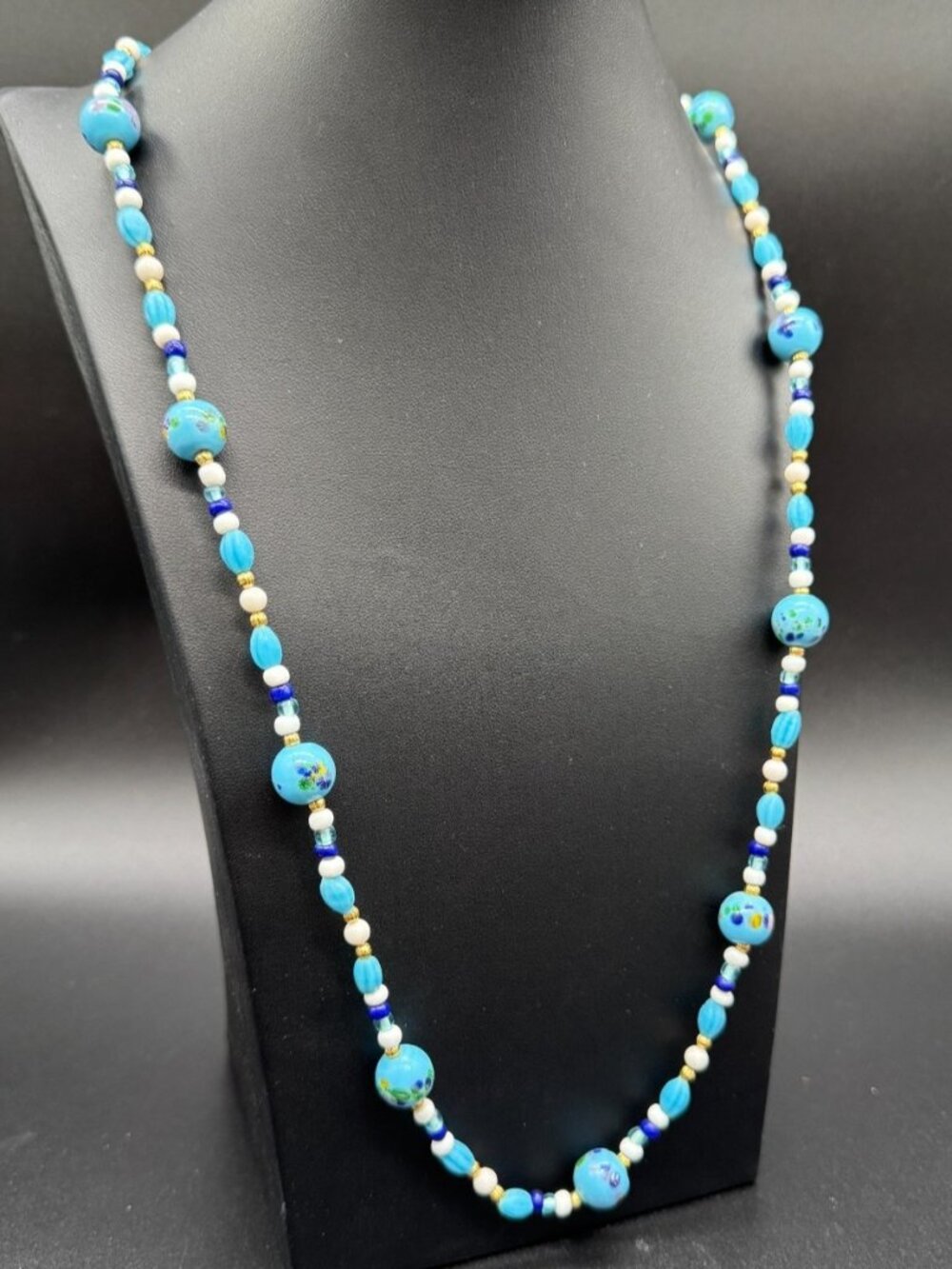 VTG Artisan Necklace Hand painted Glass Beads Blue White & 14K GF Beads 36 in.